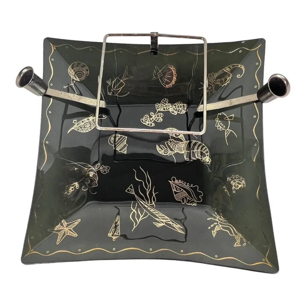 2 Tier Black Glass Tray Dish Gold Sea Creatures‎ Candle Holder MCM Chip Dip VTG